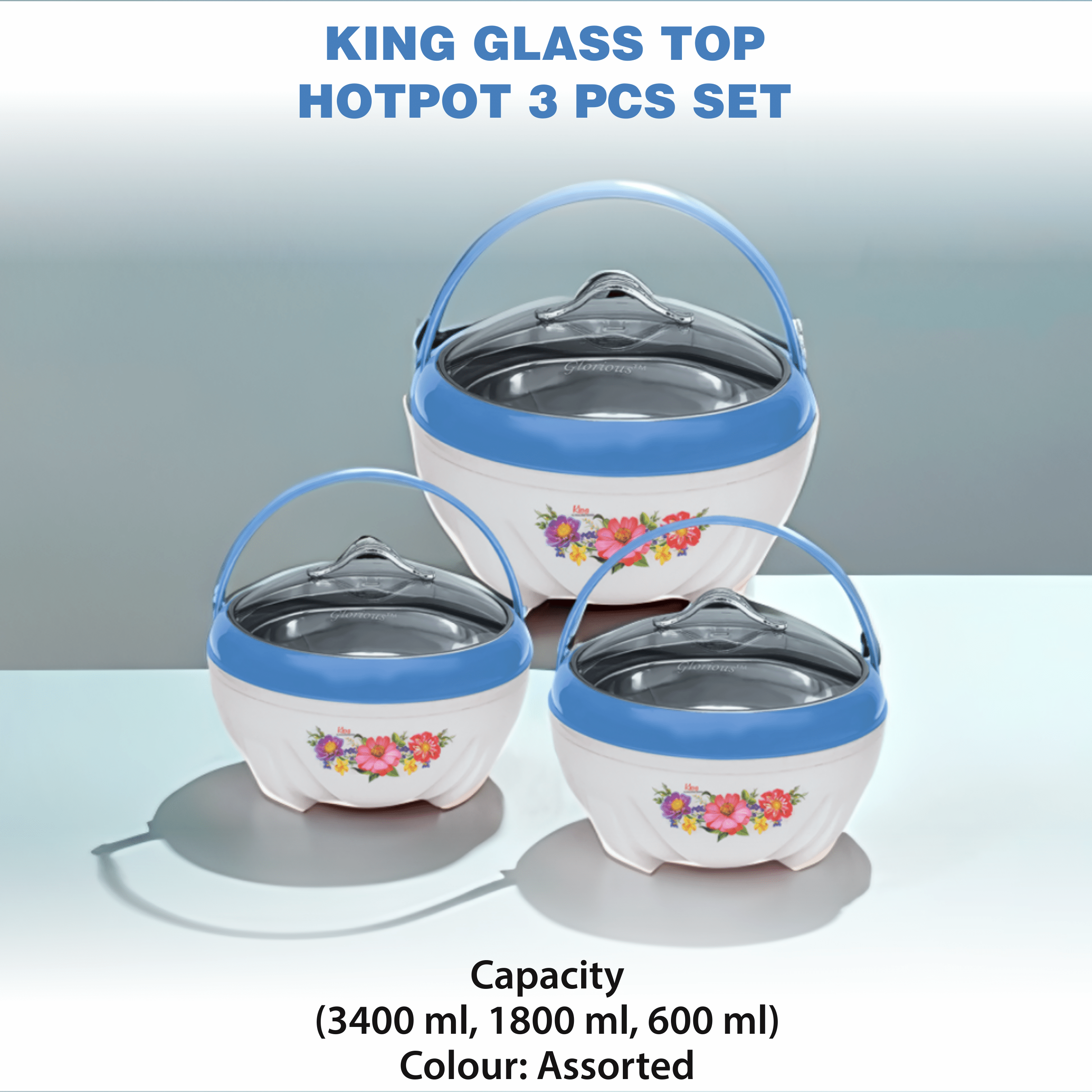 King Glass Top Casseroles 3 Pcs Set